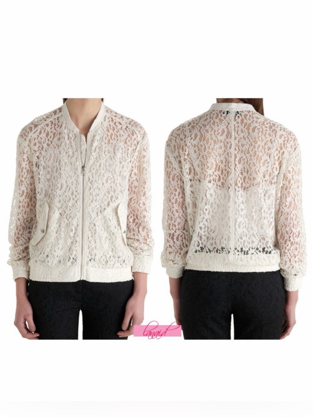 The Kooples White Lace Zip Bomber Jacket with Flap Pockets